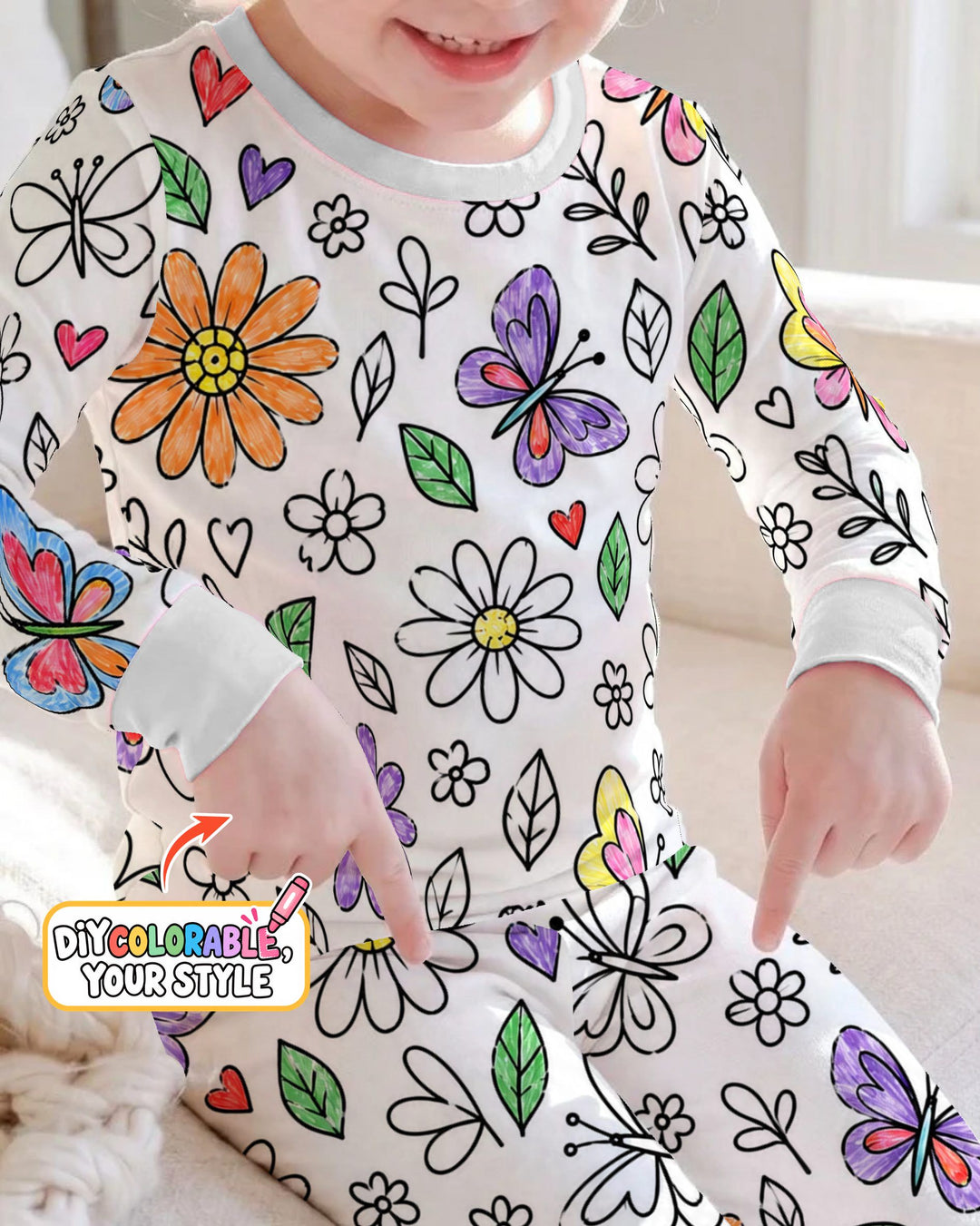 Butterfly Daisy Garden Doodles Colorable Bamboo Two Piece Long Sleeve Pajama Set