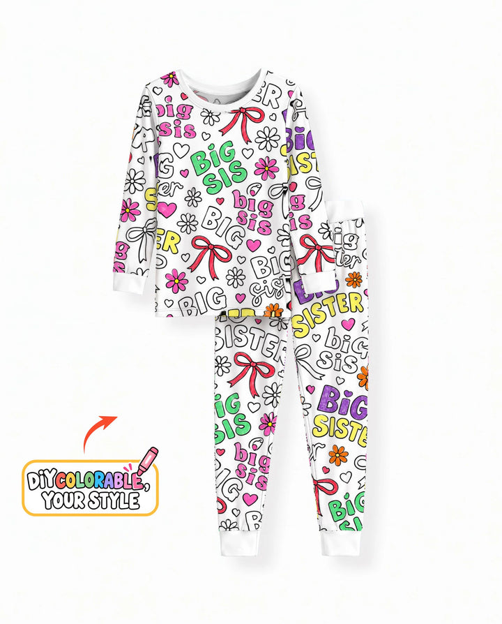 Big Sister Bows & Flowers Colorable Bamboo Two Piece Long Sleeve Pajama Set
