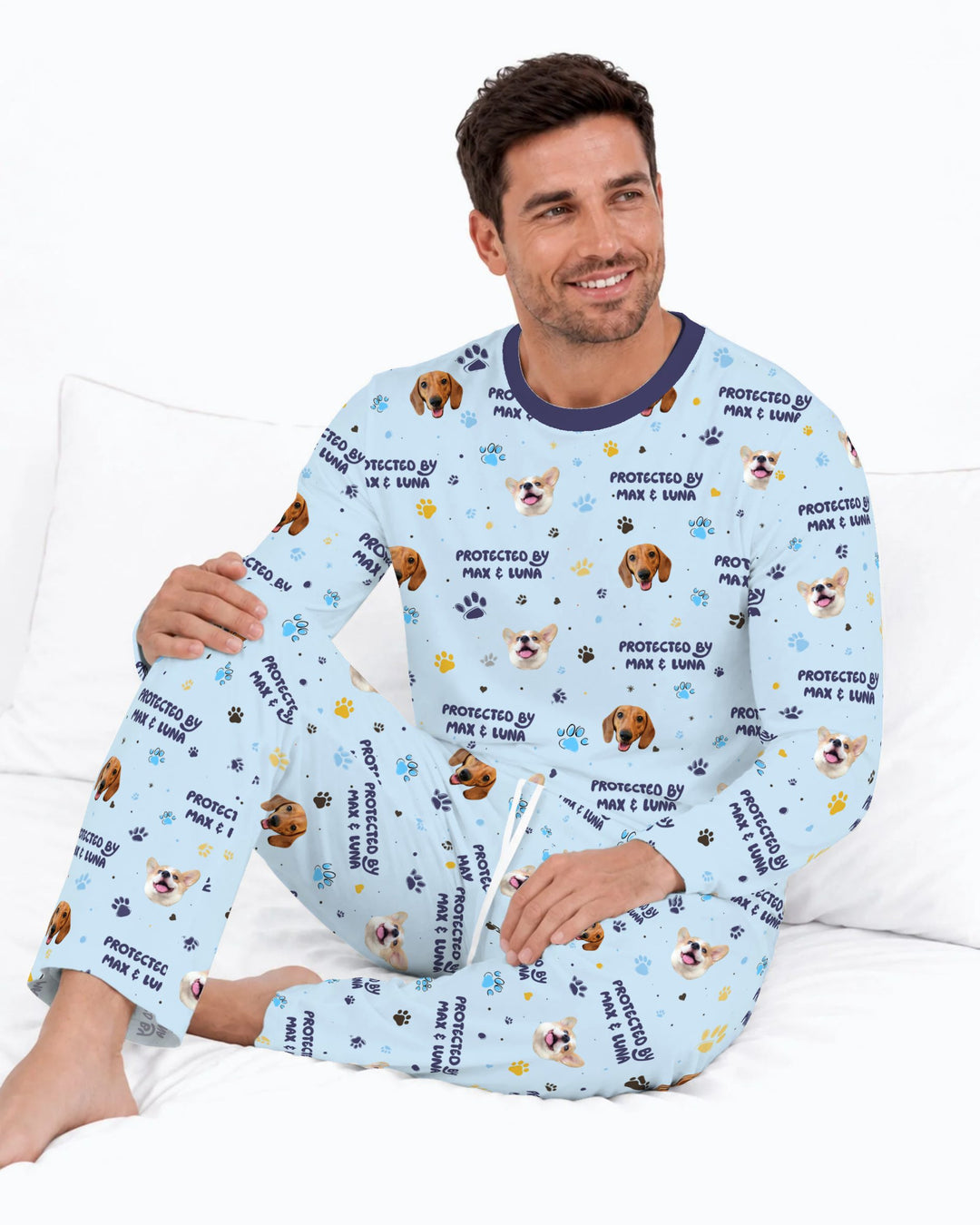 Custom Dog Photos "Protected By" Pawfect Blue Bamboo Men's Pajama Set