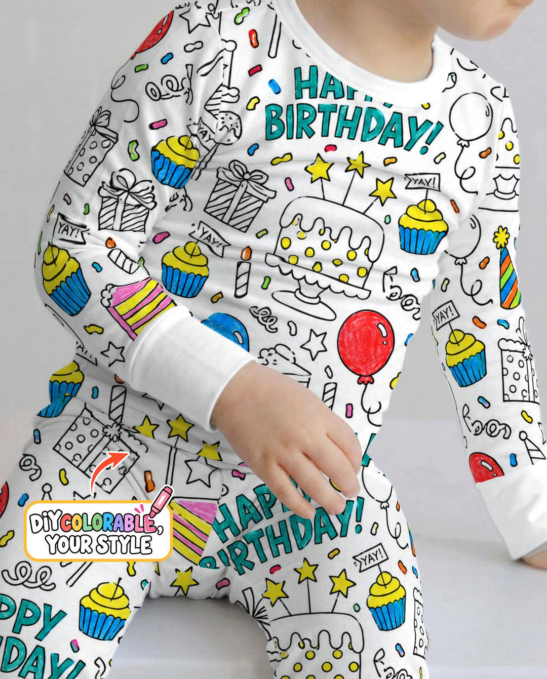 Happy Birthday Celebration Doodles Colorable Bamboo Two Piece Long Sleeve Pajama Set