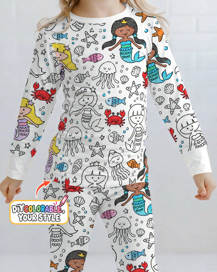 Under the Sea Mermaid Doodles Colorable Bamboo Two Piece Long Sleeve Pajama Set