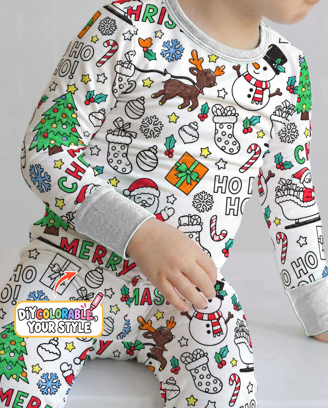 Merry Christmas Doodle Party Colorable Bamboo Two Piece Long Sleeve Pajama Set