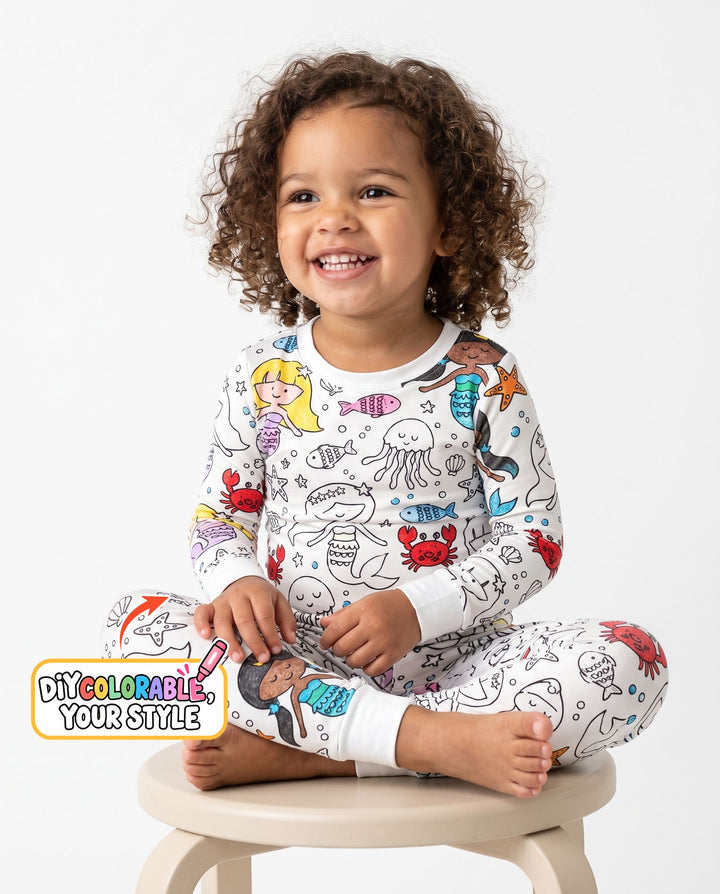 Under the Sea Mermaid Doodles Colorable Bamboo Two Piece Long Sleeve Pajama Set