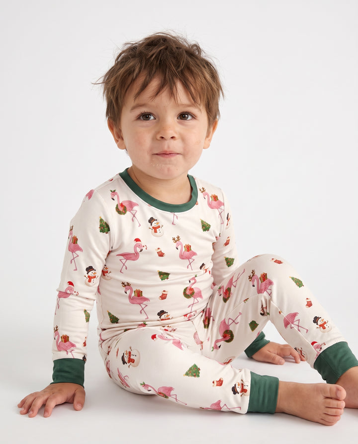 Starlight Cream Flamingo Christmas Cheer Bamboo Two Piece Long Sleeve Pajama Set