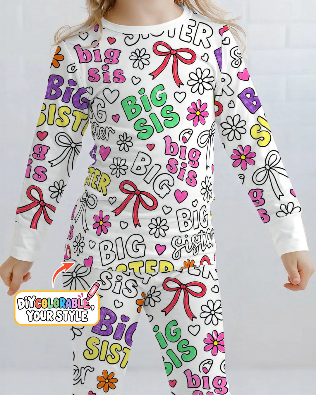 Big Sister Bows & Flowers Colorable Bamboo Two Piece Long Sleeve Pajama Set