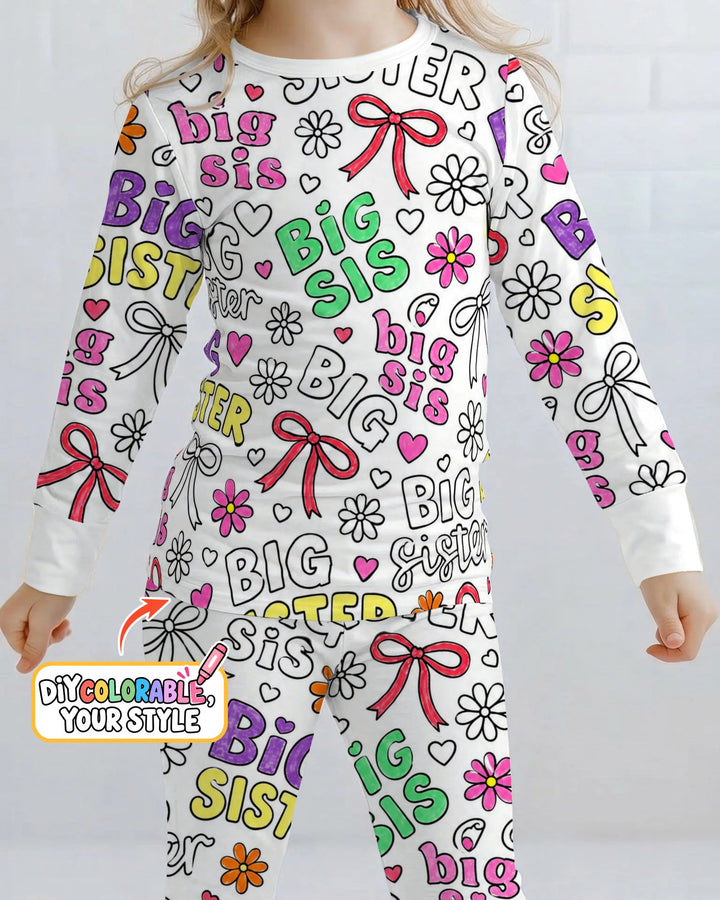 Big Sister Bows & Flowers Colorable Bamboo Two Piece Long Sleeve Pajama Set