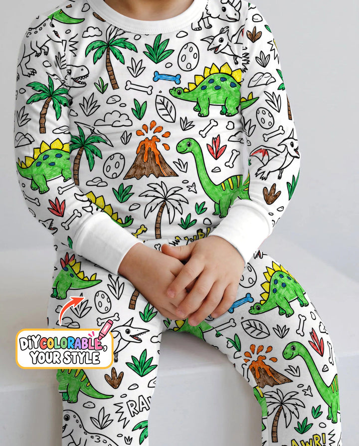 Dinosaur Prehistoric Adventure Colorable Bamboo Two Piece Long Sleeve Pajama Set