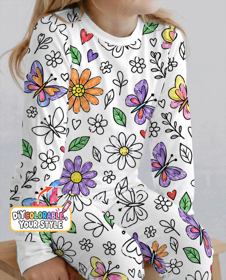 Butterfly Daisy Garden Doodles Colorable Bamboo Two Piece Long Sleeve Pajama Set