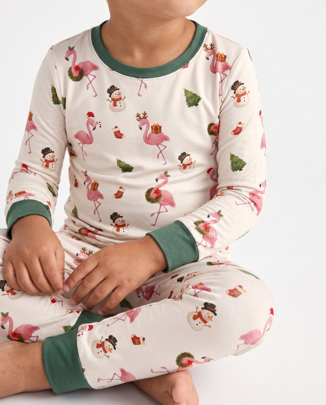 Starlight Cream Flamingo Christmas Cheer Bamboo Two Piece Long Sleeve Pajama Set