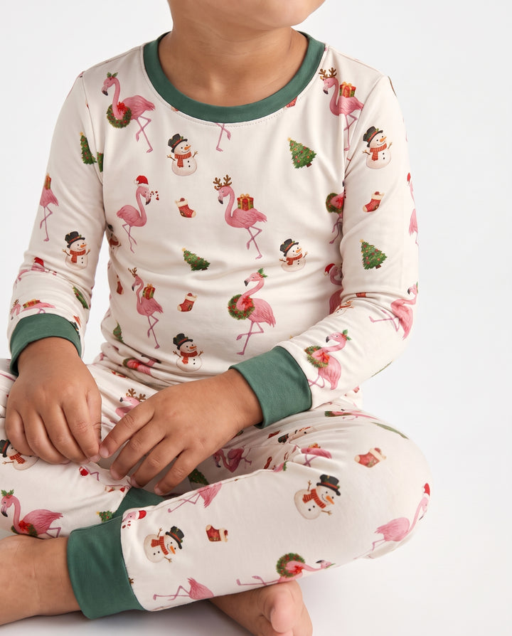 Starlight Cream Flamingo Christmas Cheer Bamboo Two Piece Long Sleeve Pajama Set