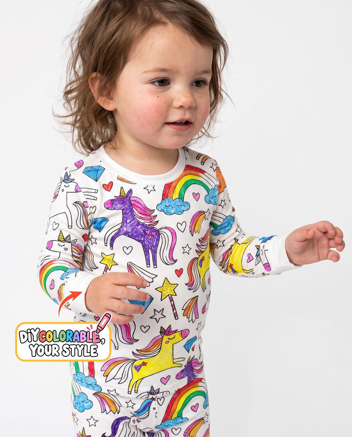 Rainbow Unicorn Magic Doodles Colorable Bamboo Two Piece Long Sleeve Pajama Set