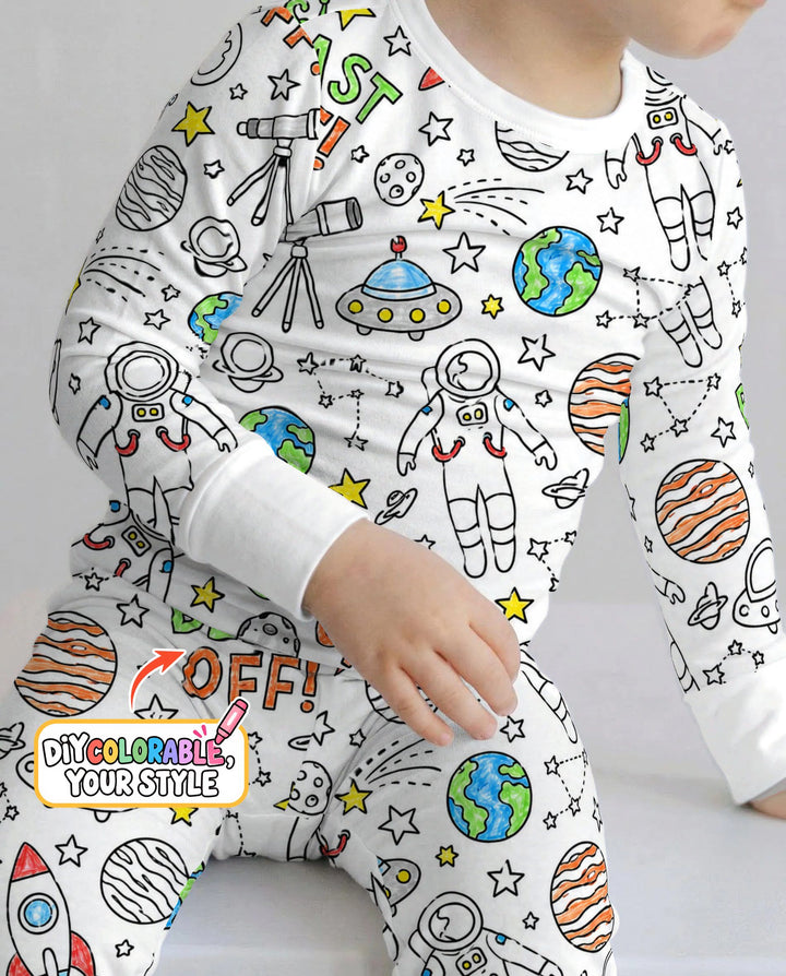 Blast Off Space Adventure Colorable Bamboo Two Piece Long Sleeve Pajama Set