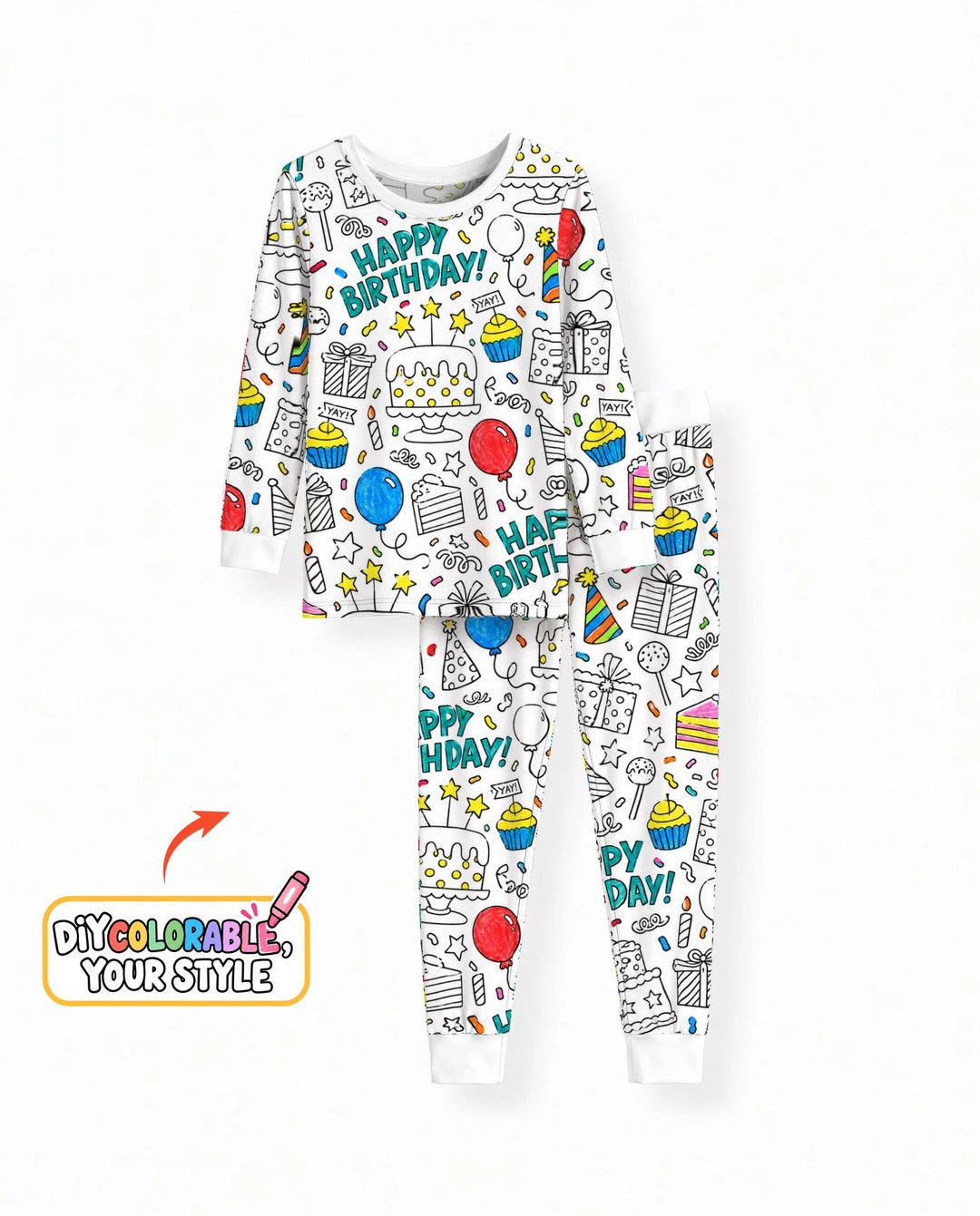 Happy Birthday Celebration Doodles Colorable Bamboo Two Piece Long Sleeve Pajama Set