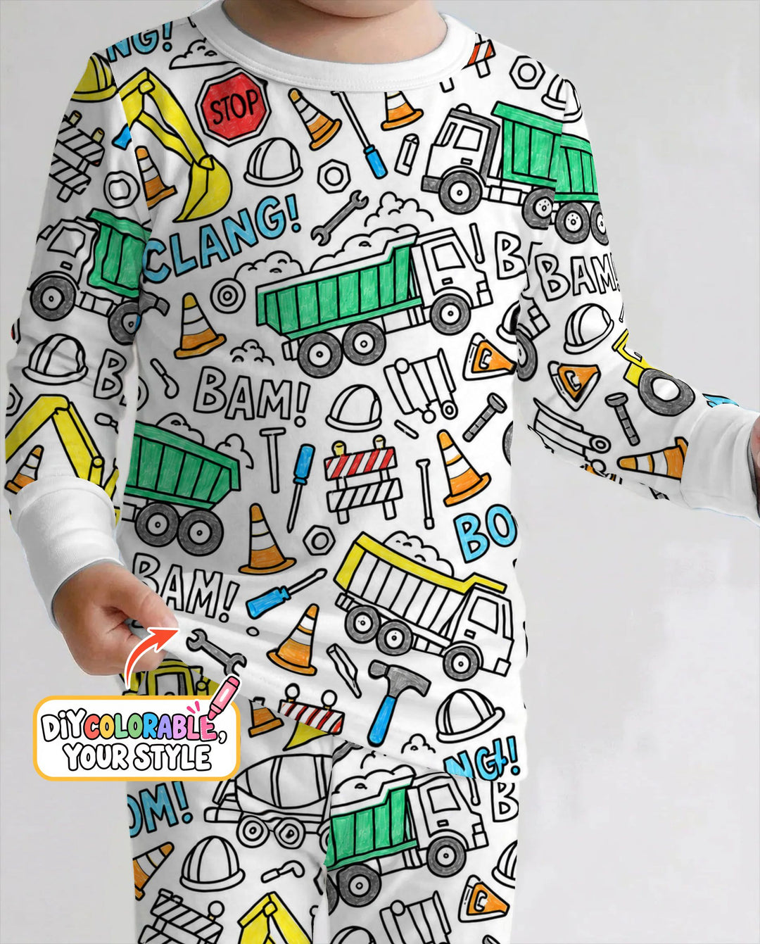 Construction Trucks Doodle Crew Colorable Bamboo Two Piece Long Sleeve Pajama Set