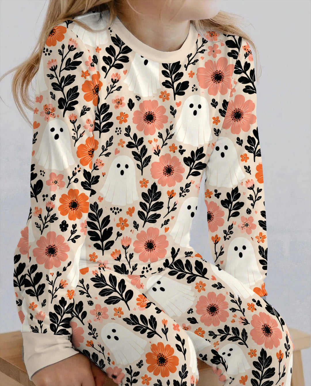 Spooky Ghost Floral Garden Bamboo Two Piece Long Sleeve Pajama Set
