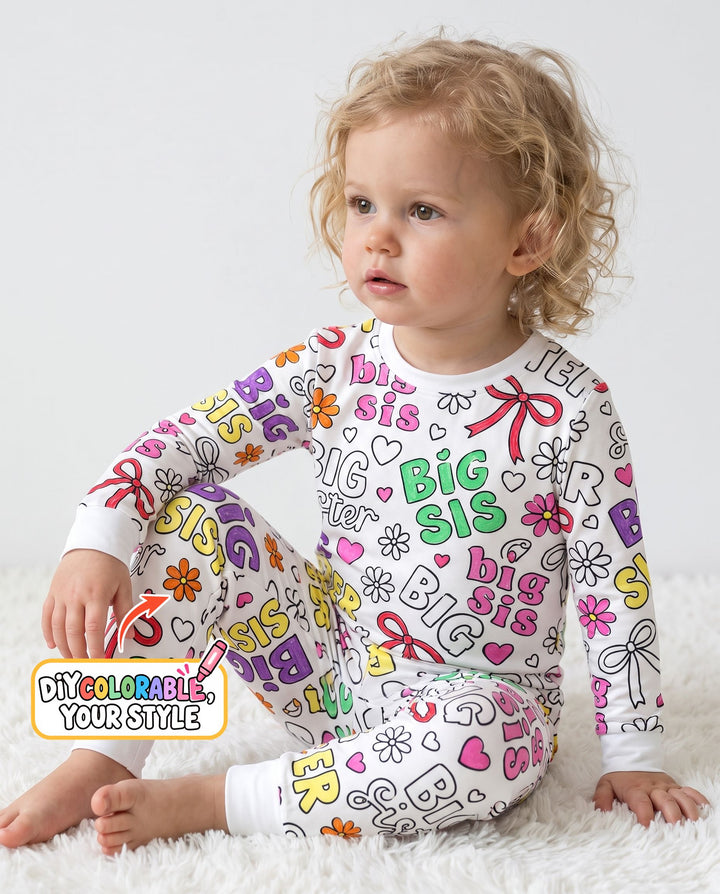 Big Sister Bows & Flowers Colorable Bamboo Two Piece Long Sleeve Pajama Set