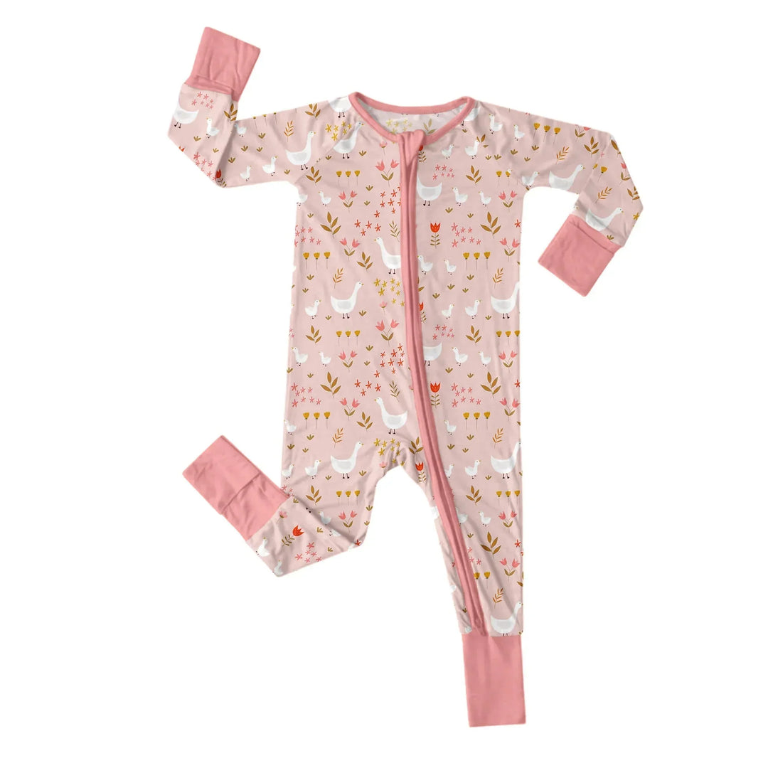 Geese and Flowers Convertible Zippered Romper , Geese and Flowers Convertible Zippered Romper - Newborn