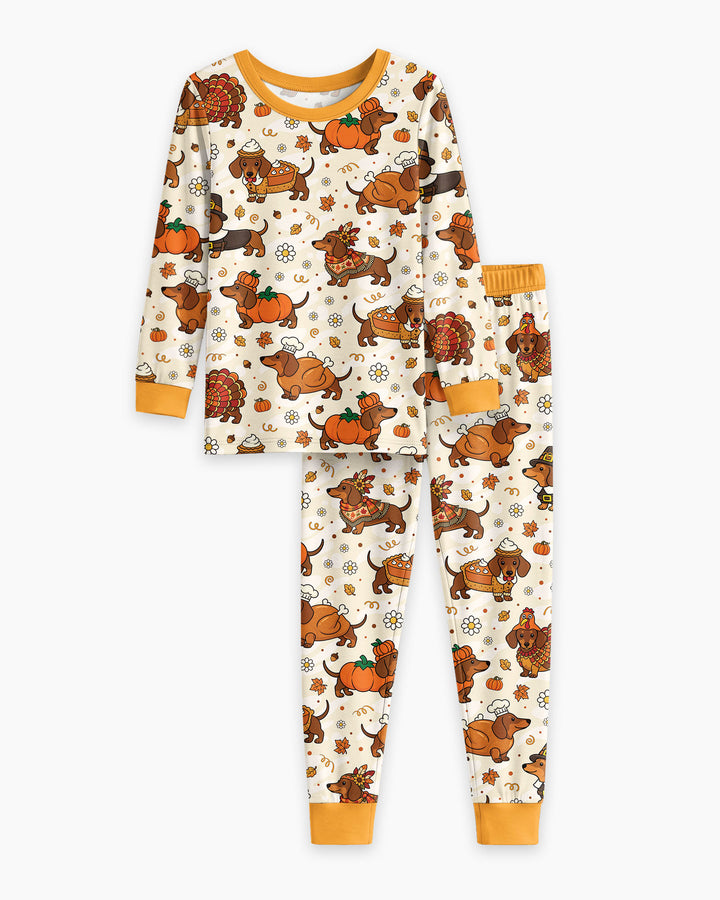 Thanksgiving Dachshund Bamboo Two Piece Long Sleeve Pajama Set
