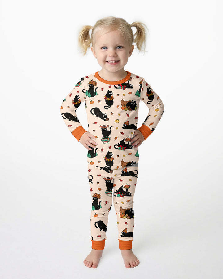 Cozy Cat On Thanksgiving Bamboo Two Piece Long Sleeve Pajama Set