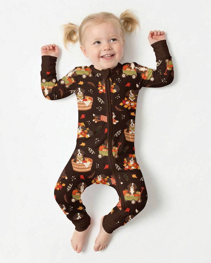 Fall Dogs Playing in Leaves Bamboo Two Piece Long Sleeve Pajama Set