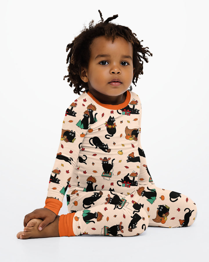 Cozy Cat On Thanksgiving Bamboo Two Piece Long Sleeve Pajama Set