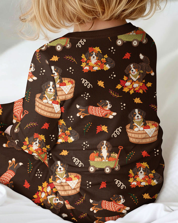 Fall Dogs Playing in Leaves Bamboo Two Piece Long Sleeve Pajama Set