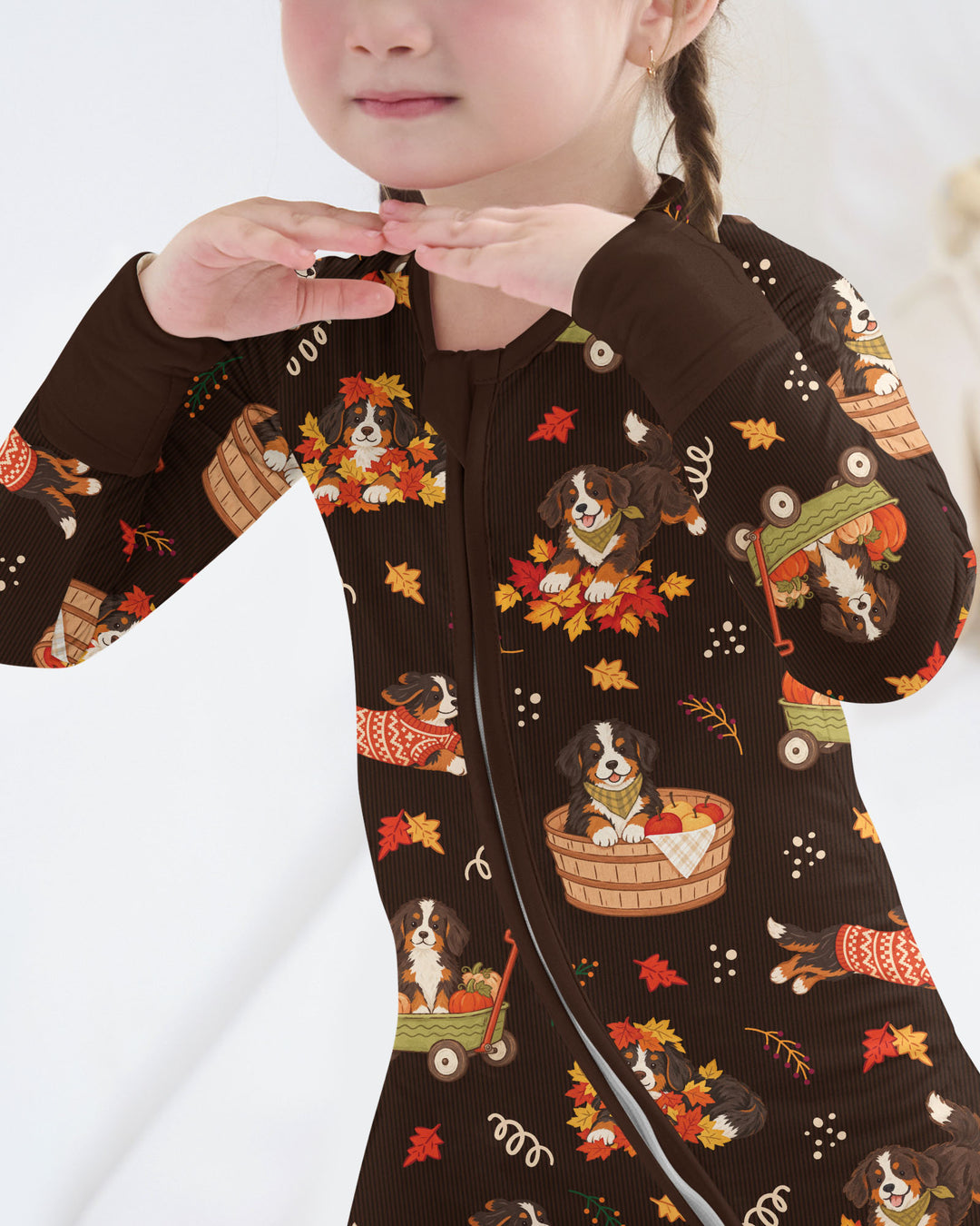 Fall Dogs Playing in Leaves Bamboo Two Piece Long Sleeve Pajama Set
