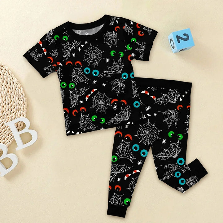 Glow In The Dark Creepy Spiderweb Two Piece Short Sleeve Pajama Set , Glow In The Dark Creepy Spiderweb Two Piece Short Sleeve Pajama Set - 12-18M