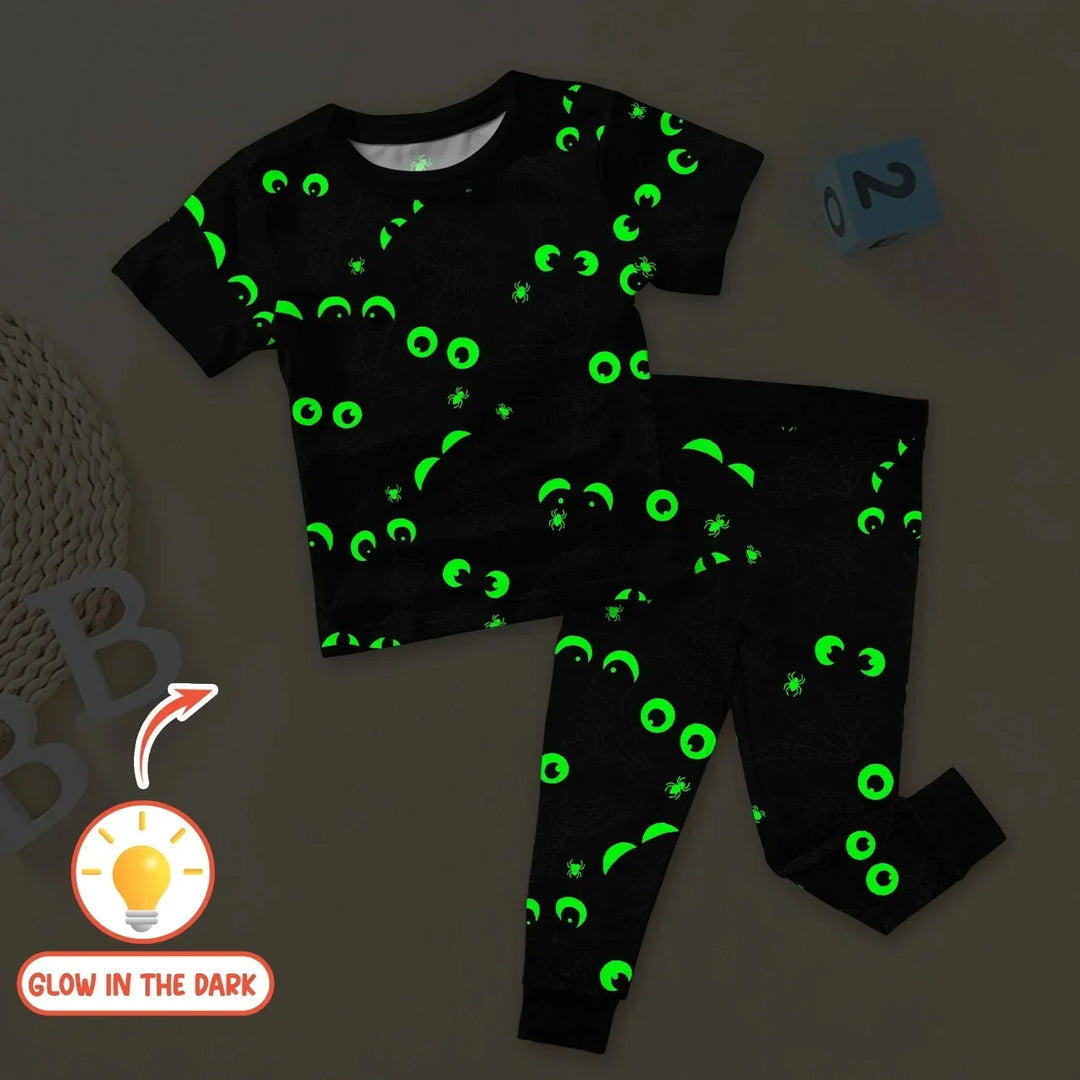 Glow In The Dark Creepy Spiderweb Two Piece Short Sleeve Pajama Set , Glow In The Dark Creepy Spiderweb Two Piece Short Sleeve Pajama Set - 12-18M