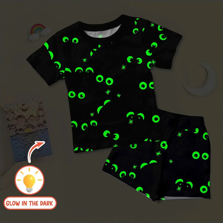 Glow In The Dark Creepy Spiderweb Two Piece Short Sleeve Shorts Pajama Set , Glow In The Dark Creepy Spiderweb Two Piece Short Sleeve Shorts Pajama Set - 12-18M