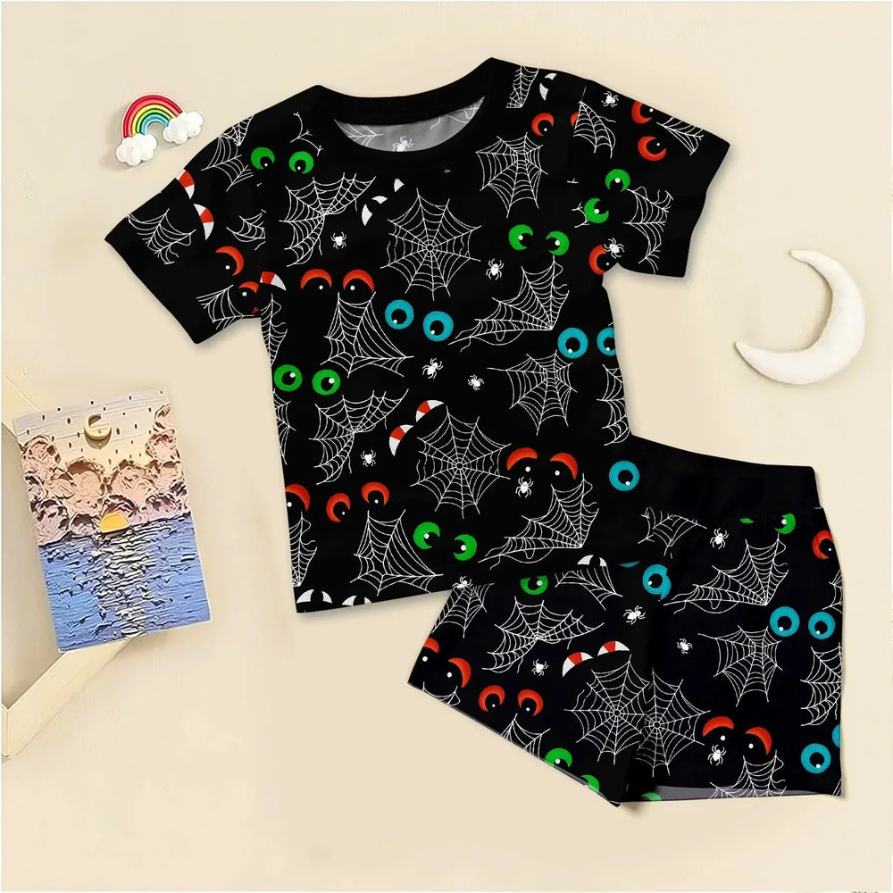 Glow In The Dark Creepy Spiderweb Two Piece Short Sleeve Shorts Pajama Set , Glow In The Dark Creepy Spiderweb Two Piece Short Sleeve Shorts Pajama Set - 12-18M