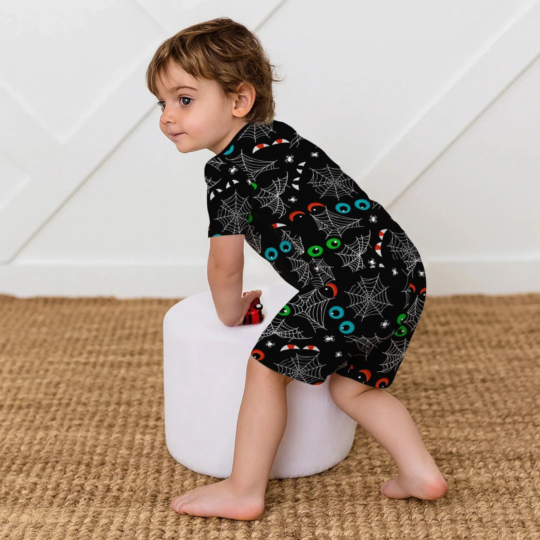 Glow In The Dark Creepy Spiderweb Two Piece Short Sleeve Shorts Pajama Set , Glow In The Dark Creepy Spiderweb Two Piece Short Sleeve Shorts Pajama Set - 12-18M