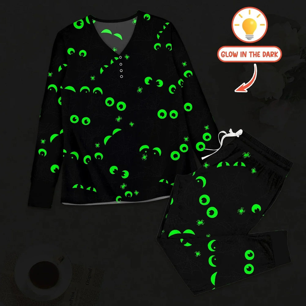 Glow In The Dark Creepy Spiderweb Women Pajama Set , Glow In The Dark Creepy Spiderweb Women Pajama Set - S