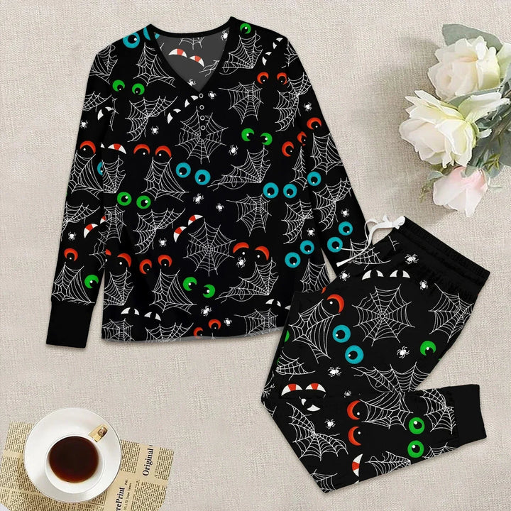 Glow In The Dark Creepy Spiderweb Women Pajama Set , Glow In The Dark Creepy Spiderweb Women Pajama Set - S