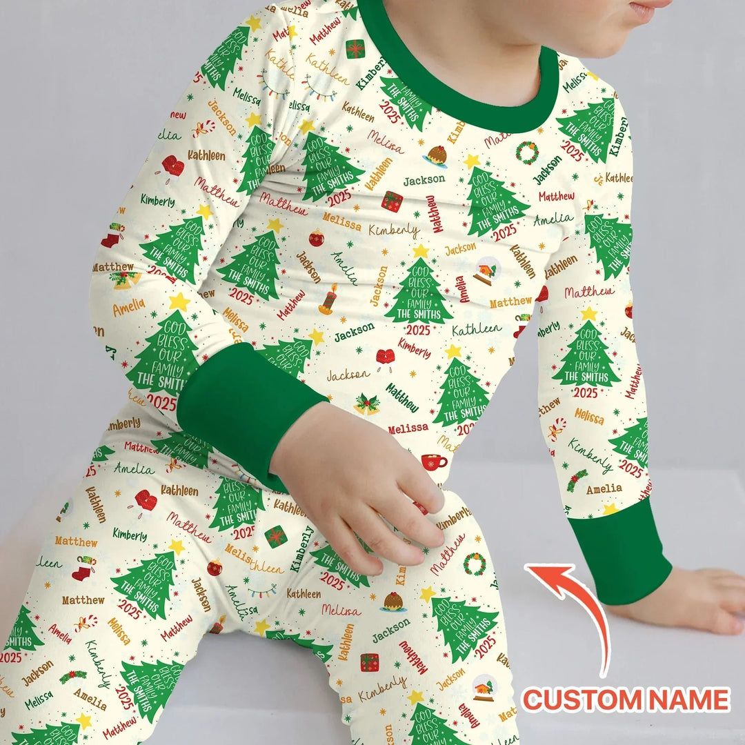 God Bless Our Family Custom Name Two Piece Long Sleeve Pajama Set , God Bless Our Family Custom Name Two Piece Long Sleeve Pajama Set - 12-18M