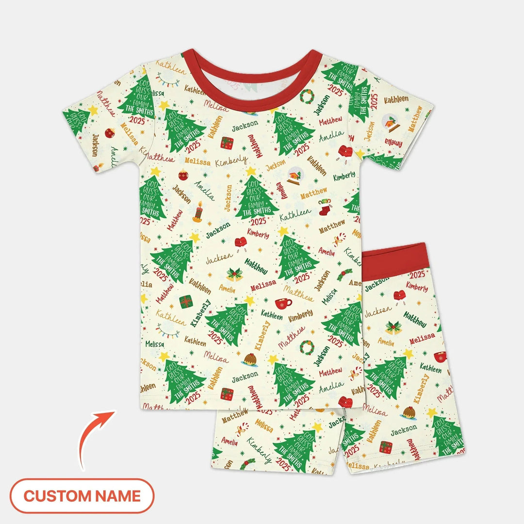 God Bless Our Family Custom Name Two Piece Short Sleeve Shorts Pajama Set , God Bless Our Family Custom Name Two Piece Short Sleeve Shorts Pajama Set - 12-18M