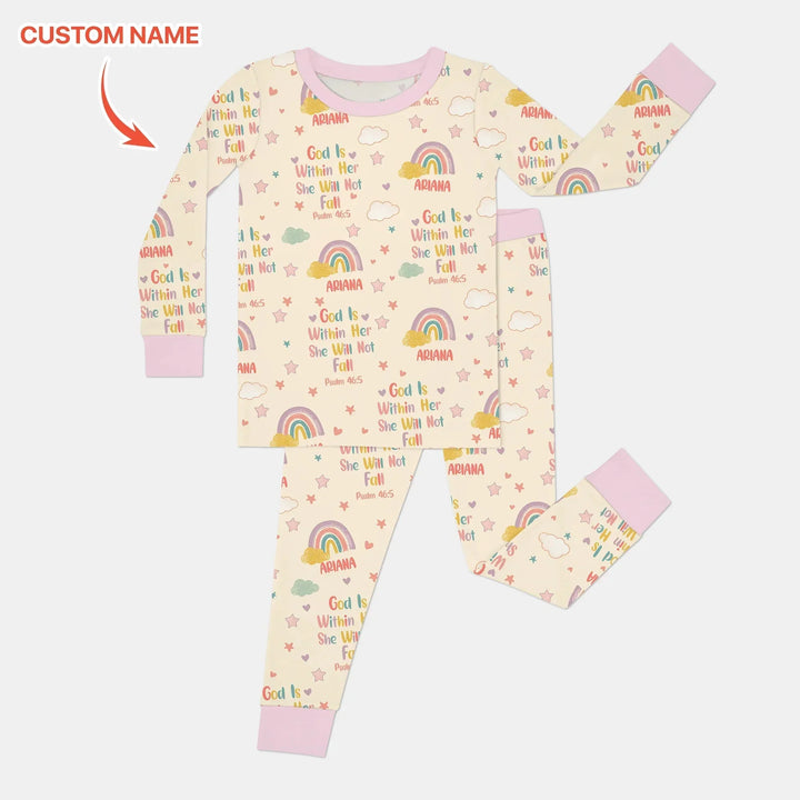 God Is Within Her She Will Not Fall Custom Name Two Piece Long Sleeve Pajama Set , God Is Within Her She Will Not Fall Custom Name Two Piece Long Sleeve Pajama Set - 12-18M
