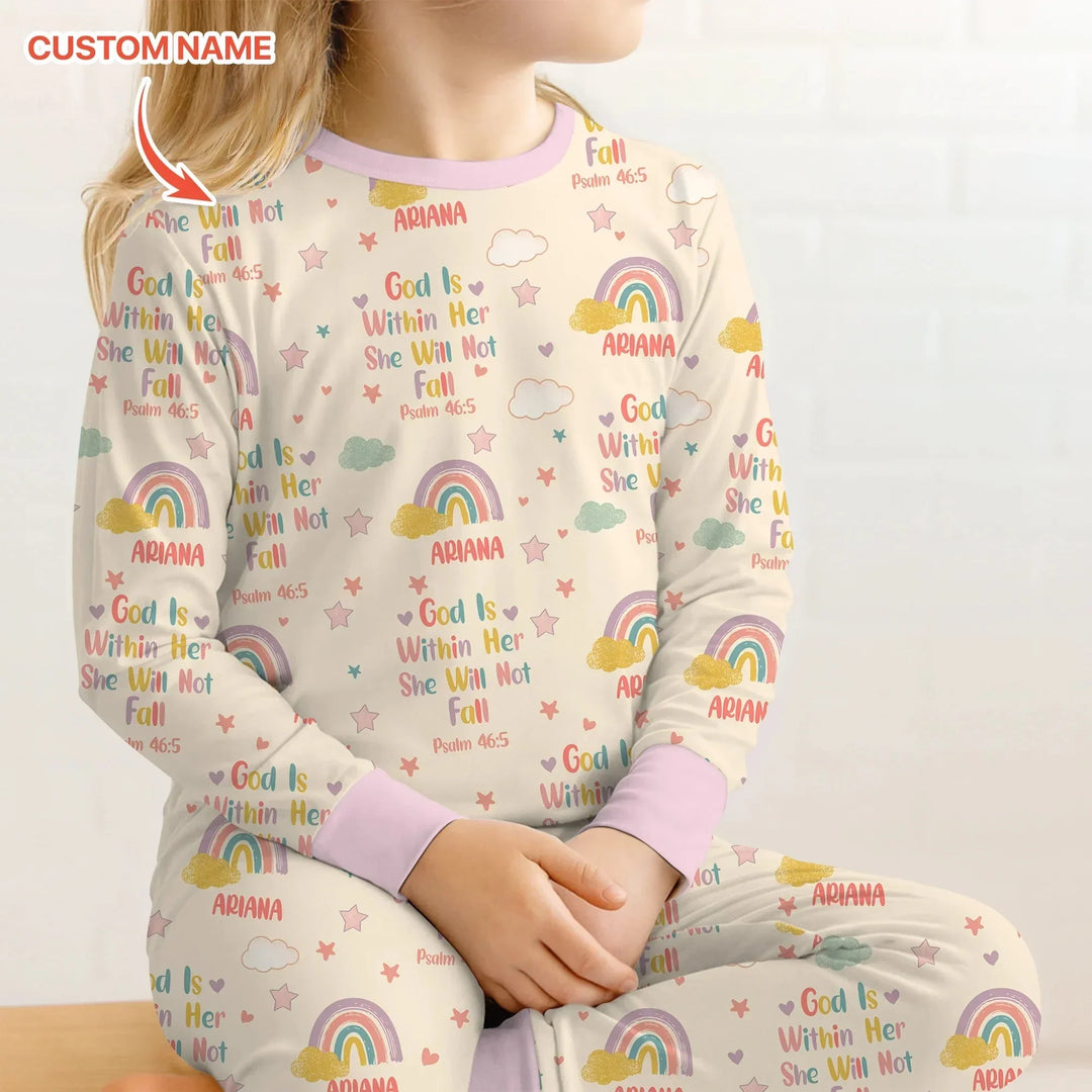 God Is Within Her She Will Not Fall Custom Name Two Piece Long Sleeve Pajama Set , God Is Within Her She Will Not Fall Custom Name Two Piece Long Sleeve Pajama Set - 12-18M