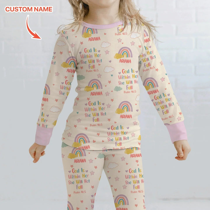 God Is Within Her She Will Not Fall Custom Name Two Piece Long Sleeve Pajama Set , God Is Within Her She Will Not Fall Custom Name Two Piece Long Sleeve Pajama Set - 12-18M