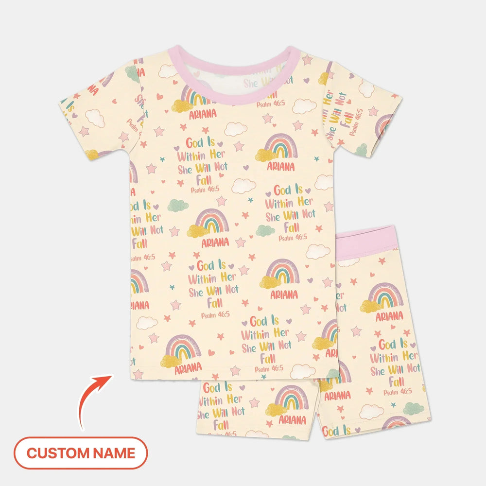 God Is Within Her She Will Not Fall Custom Name Two Piece Short Sleeve Shorts Pajama Set , God Is Within Her She Will Not Fall Custom Name Two Piece Short Sleeve Shorts Pajama Set - 12-18M