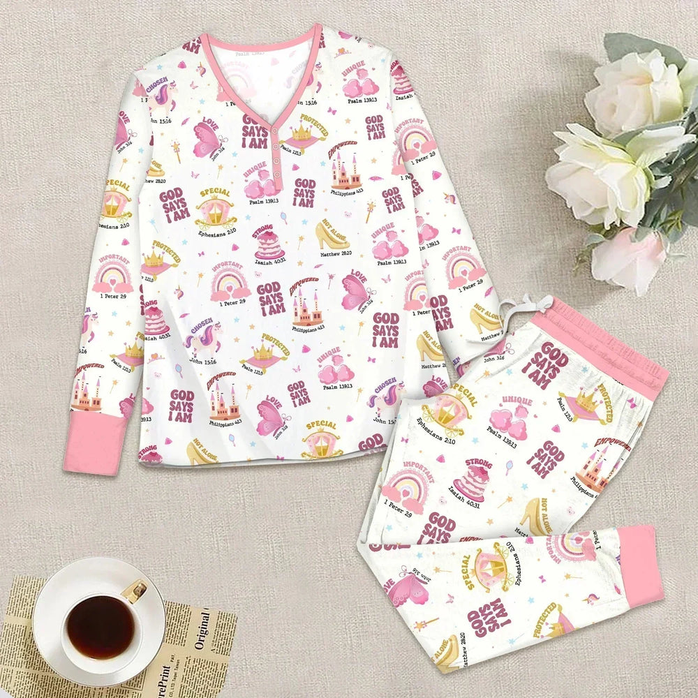 God Say I am Women's Pajama Set , God Say I am Women's Pajama Set - S / White/Pink