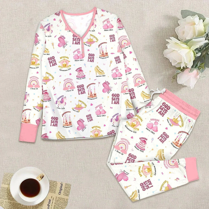 God Say I am Women's Pajama Set , God Say I am Women's Pajama Set - S / White/Pink