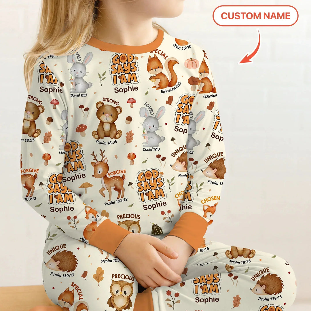 God Says I Am Autumn Faith Custom Name Two Piece Long Sleeve Pajama Set , God Says I Am Autumn Faith Custom Name Two Piece Long Sleeve Pajama Set - 12-18M