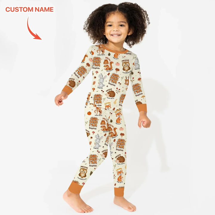 God Says I Am Autumn Faith Custom Name Two Piece Long Sleeve Pajama Set , God Says I Am Autumn Faith Custom Name Two Piece Long Sleeve Pajama Set - 12-18M