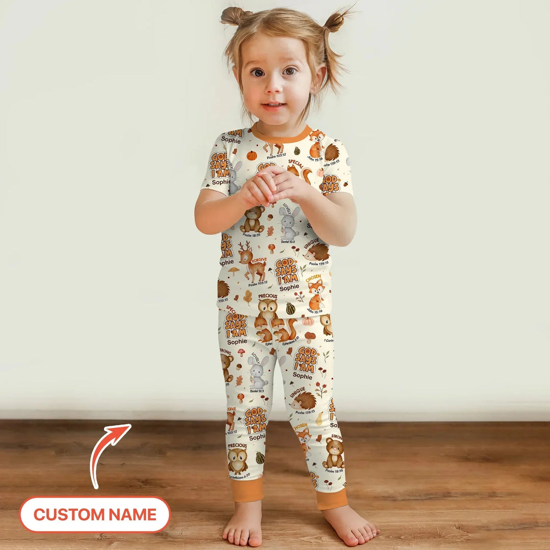 God Says I Am Autumn Faith Custom Name Two Piece Short Sleeve Pajama Set , God Says I Am Autumn Faith Custom Name Two Piece Short Sleeve Pajama Set - 12-18M