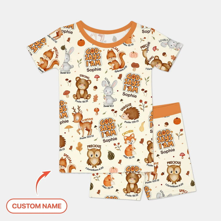 God Says I Am Autumn Faith Custom Name Two Piece Short Sleeve Shorts Pajama Set , God Says I Am Autumn Faith Custom Name Two Piece Short Sleeve Shorts Pajama Set - 12-18M