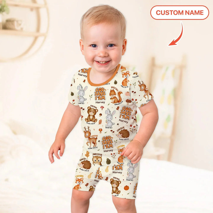 God Says I Am Autumn Faith Custom Name Two Piece Short Sleeve Shorts Pajama Set , God Says I Am Autumn Faith Custom Name Two Piece Short Sleeve Shorts Pajama Set - 12-18M