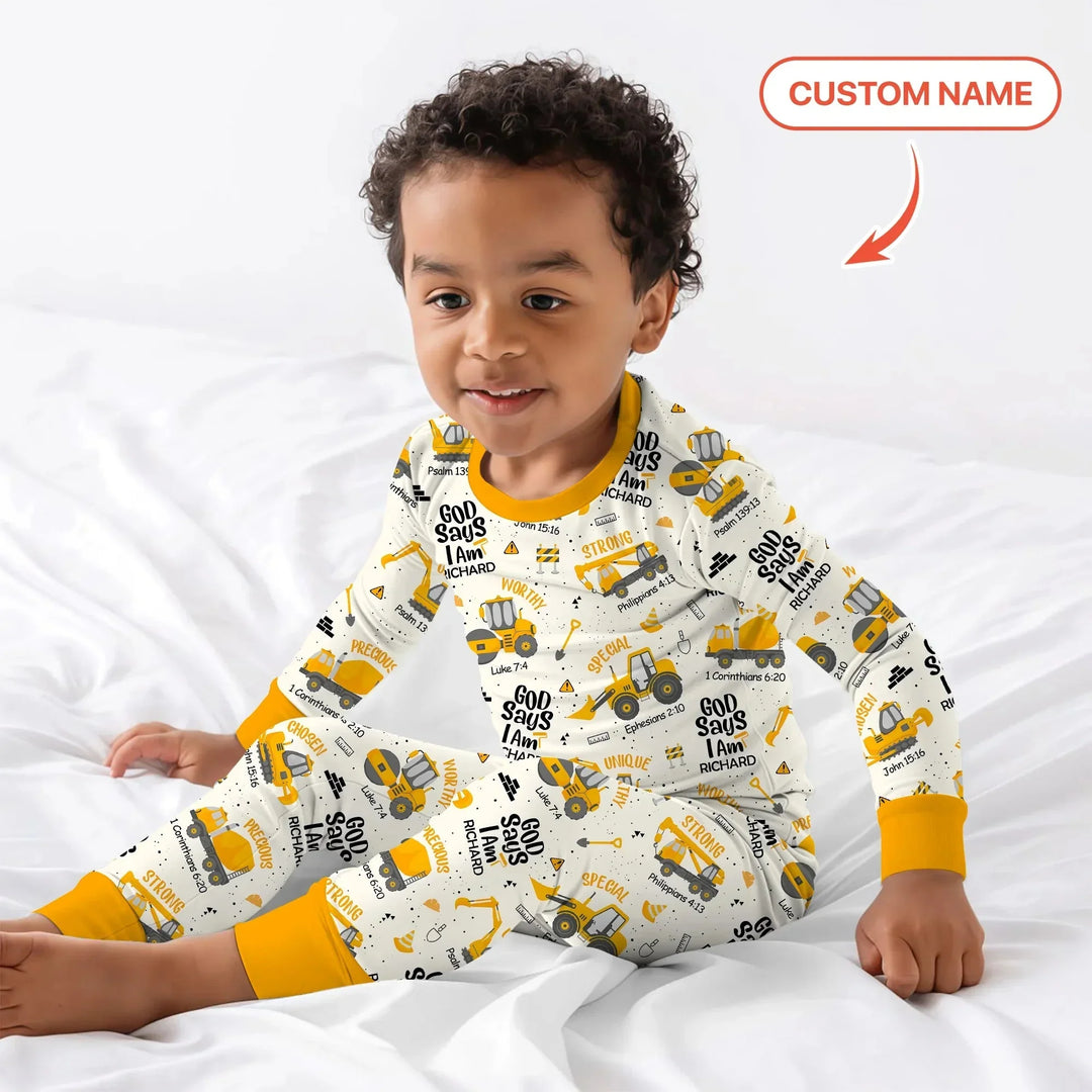 God Says I Am Custom Name Boy Two Piece Long Sleeve Pajama Set , God Says I Am Custom Name Boy Two Piece Long Sleeve Pajama Set - 12-18M