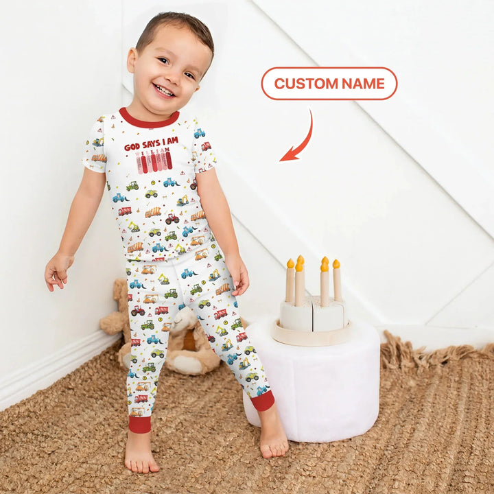 God Says I Am Custom Name Construction Two Piece Short Sleeve Pajama Set , God Says I Am Custom Name Construction Two Piece Short Sleeve Pajama Set - 12-18M