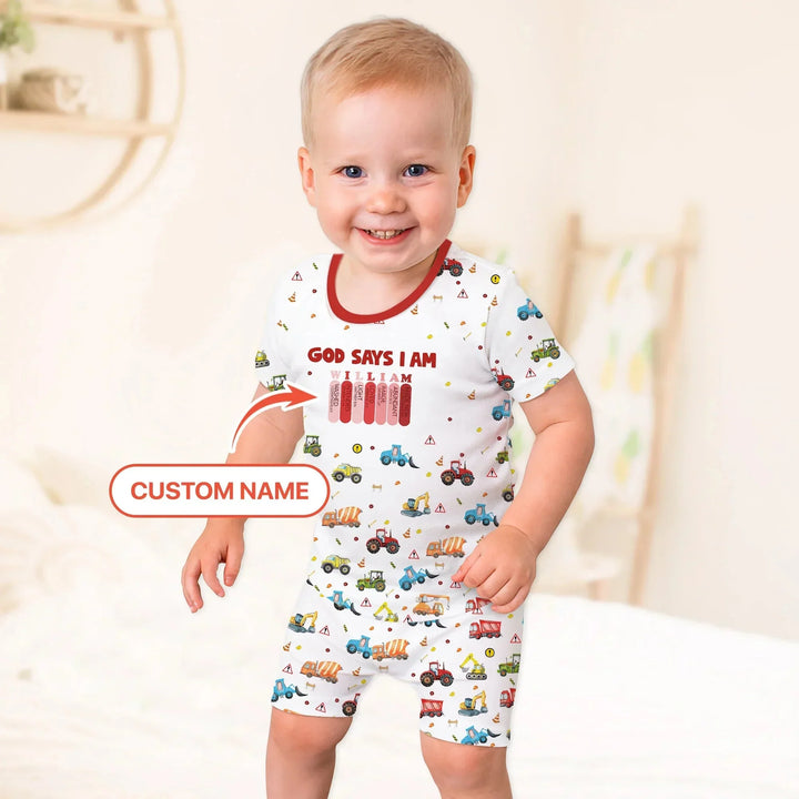 God Says I Am Custom Name Construction Two Piece Short Sleeve Shorts Pajama Set , God Says I Am Custom Name Construction Two Piece Short Sleeve Shorts Pajama Set - 12-18M